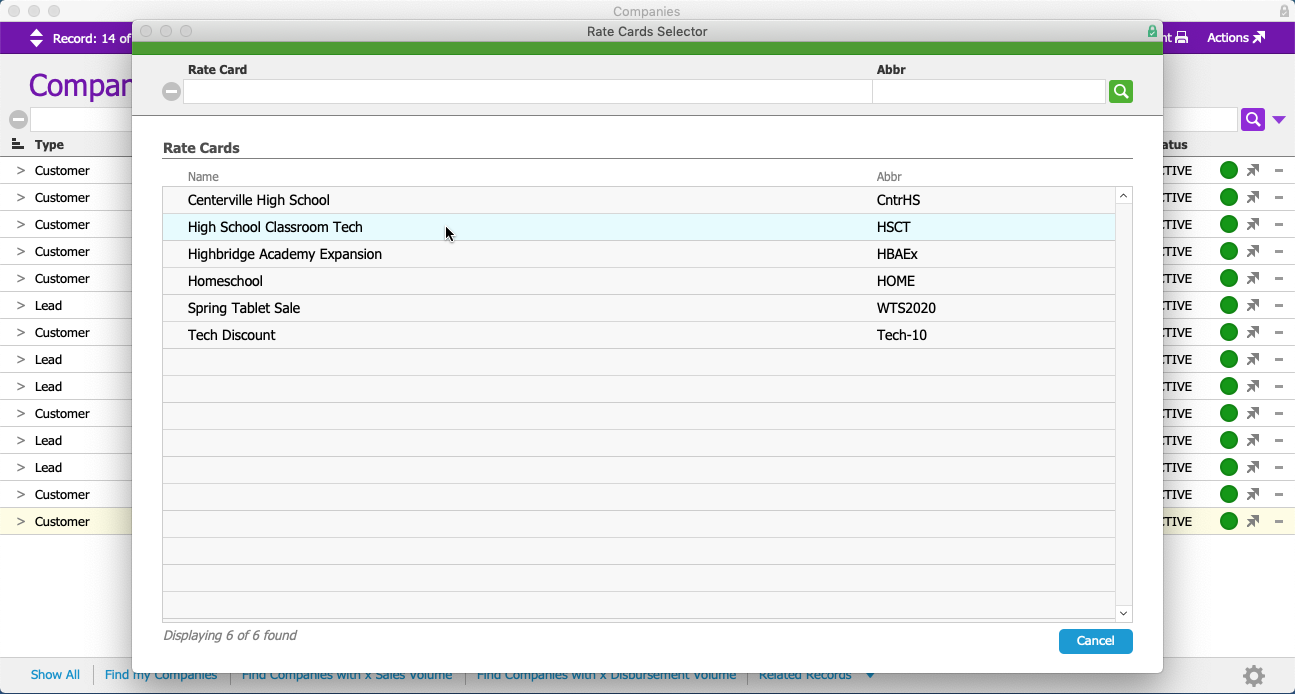 HS Companies Rate Card Selector