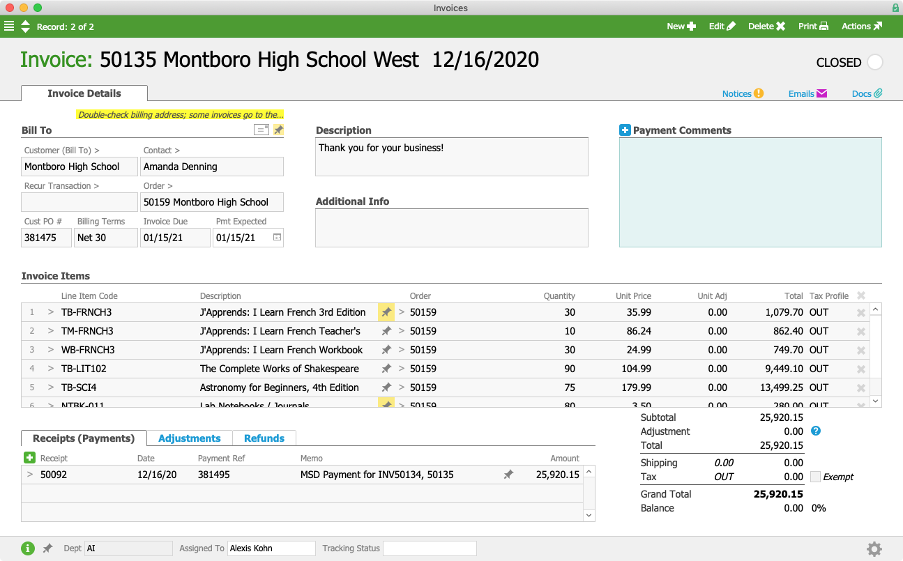 MHSW Invoice