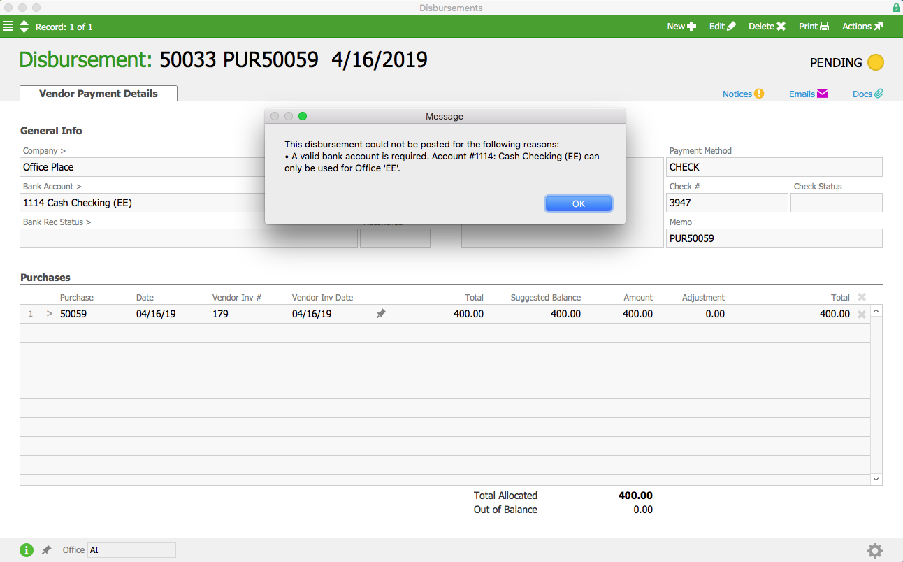 Disbursement Error